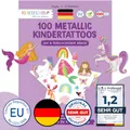 Produktbild: Papierdrachen 100 Metallic-Tattoos zum Aufkleben - Hautfreundliche Kindertattoos Einhorn und Regenbogen - als Geburtstagsmitgebsel oder Geschenkidee - Vegan - in Deutschland hergestellt und geprüft