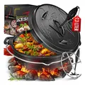 Produktbild: KESSER® Dutch Oven Set BBQ Feuertopf Schmortopf, Gusseisen Topf mit Deckelheber Henkel und Schlitz für Themormeter, kochkessel Grilltopf Gulaschkessel für Oudoor & Indoor