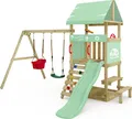 Produktbild: WICKEY Spielturm Klettergerüst DinkyHouse mit Schaukel & Rutsche, Kletterturm mit Sandkasten, Leiter & Picknicktisch – pastellgrün