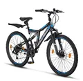 Produktbild: Chillaxx Bike Falcon Premium Mountainbike in 24 und 26 Zoll - Fahrrad für Jungen, Mädchen, Damen und Herren - Scheibenbremse- 21 Gang-Schaltung - Vollfederung (26 Zoll, Schwarz-Blau Disc-Bremse)