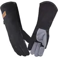 Produktbild: WZQH 40 CM, Leder Grillhandschuhe, Feuerfester Hitzebeständige Mitts für Schweißen, Feuerwehr, Kamin, Ofen, Backen, Herd, Topfhalter, Tierbehandlung. Grau-schwarzer Großer Feuerfest Handschuh