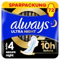 Produktbild: Always Ultra Night Damenbinden (Größe 4) mit Flügeln 72 Stück, Super Saugfähig Und Ultra Dünn, für Die Periode