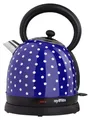 Produktbild: Grafner Retro Wasserkocher 2200 Watt, 1,8 Liter, Edelstahl-Korpus, Wunschfarbe, entnehmbarer Kalkfilter, kabellos, Überhitzungsschutz, BPA-Frei, Cool-Touch, Wasserstandsanzeige (Pünktchen blau)