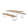 Produktbild: AXI Nori Picknicktisch in Teak Holz Look & Weiß für 6 Personen | Picknick Tisch/Picnic Table/Picknickbank für Erwachsene aus Aluminium & Polywood | Set für den Garten | 200 x 190 cm