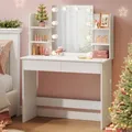 Produktbild: WOLTU Schminktisch, mit Beleuchtung LED, Einstellbarer Helligkeit, Schminktisch mit Großer Spiegel, Frisiertisch mit 2 Schubladen, 4 offene Ablagen, modern für Schlafzimmer, Weiß Holz