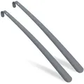Produktbild: Relaxdays Schuhlöffel 2er Set, 58 cm lang, Schuhanzieher Metall, stabil, Aufhänger, Schuhanziehhilfe für Schuhe, grau