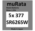 Produktbild: 5x Murata/Sony 377 Uhren-Batterie Knopfzelle SR626SW AG4 Silberoxid im Blister