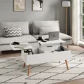 Produktbild: Couchtisch Beistelltisch Wohnzimmertisch Tisch Couch Sofatisch weiß | höhenverstellbar mit verstecktem Stauraum und Holzfüßen | 100x50x41,5 cm (BxTxH) | Weiß