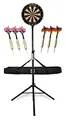 Produktbild: Stagecaptain DBS-1715 Bullseye Pro Dartscheibe Komplett Set - Profi Steeldartscheibe aus Sisal - höhenverstellbarer Dartständer in Schwarz mit Tasche - 6 Dartpfeile und 4 Sets Flights