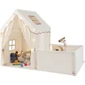 Produktbild: COSTWAY 2in1 Kinderzelt mit Laufgitter, Kinder Spielhaus Indoor mit Matte & Lichterkette, Kinder Spielzelt, Spielbereich, 177 x 97 x 136 cm Beige - Beige