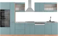 Produktbild: Küchenzeile Vicco R-Line Blau-Grau/Goldkraft Eiche 350 cm mit Hochschrank, AP Marmor, Model 49824