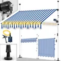 Produktbild: tillvex Klemmmarkise 150 cm Blau/Weiß mit Solar LED mit Handkurbel Balkon | Balkonmarkise ohne Bohren | Markise UV-beständig & höhenverstellbar | Sonnenschutz wasserdicht