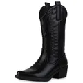 Produktbild: VAN HILL Damen Stiefel Cowboystiefel Stickereien Schuhe Spitze Holzoptikabsatz Western Boots Freizeitschuhe 211605 Schwarz 38