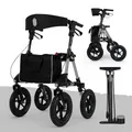 Produktbild: Rollator Set mit Pumpe für draußen Luftbereifung Sitzfläche und Rückengurt mit abnehmbarer Tasche - Höhenverstellbare ergonomische Griffe. Geländerollator faltbar robust leicht aus Aluminium perlweiß