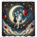 Produktbild: Abakuhaus Duschvorhang Moderner Digitaldruck mit 12 Haken auf Stoff Wasser Resistent Breite 175 cm, Höhe 200 cm, Katze Anstoßende Romantische Mondherzen blau|rot 175 cm x 200 cm