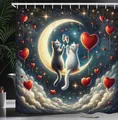 Produktbild: ABAKUHAUS Katze Duschvorhang, Anstoßende Champagner Kätzchen Romantisches Date Halbmond Herzballons, Stoffliches Gewebe Badezimmerdekorationsset mit Haken, 175 x 200 cm, Dunkelblaue Nacht Verilion