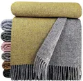 Produktbild: Wolldecke 100% Schurwolle Wohndecke Plaid Decke 140 x 200 cm Grau-Gelb (DF)