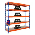 Produktbild: PROREGAL Profi Schwerlastregal Rhino EXTRA BREIT blau/orange HxBxT 200x200x60cm Fachlast 500kg 5X Spanplatten-Ebenen 8mm Garagenregal, Lagerregal, Steckregal, Weitspannregal