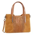Produktbild: OBC Made IN Italy Damen Echt Leder Tasche Kroko-Prägung Business Shopper Schultertasche Handtasche Ledertasche Umhängetasche Wildleder Cognac
