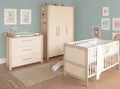 Produktbild: roba® Babyzimmer-Komplettset Momo - modernes Kinderzimmer aus Holz - Cashmere - Dekor Artisan Eiche, (3-teiliges Set, 3-tlg., Babybett 70 x 140cm, Wickelkommode mit 3 Schubladen, Kleiderschrank), Bett: Schlupfsprossen & 3- fach Höhenverstellbar - Beige / Kaschmir