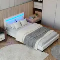 Produktbild: Juskys Polsterbett 120x200 cm – Bett Paris mit LED Beleuchtung, Lattenrost & Kopfteil, modernes Doppelbett aus Kunstleder & Holz – Weiß