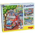 Produktbild: HABA Feuerwehr-Puzzle – 3-teiliges Set für Kinder ab 3 Jahren, Papp-Puzzle mit Polizei- und Rettungswagen-Motiven – Fördert Feinmotorik und Konzentration – 1302759001
