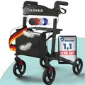 Produktbild: ELONEO Rollator faltbar und leicht mit Sitz, Leichtgewicht-Reiserollator aus Aluminium, Gehhilfe 8-fach höhenverstellbar, Laufhilfe 3-fach faltbar für Kofferraum, Tasche & Schirmhalter Schwarz