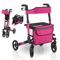 Produktbild: Juskys Rollator Vital lila - Gehhilfe faltbar & leicht aus Aluminium bis 130 kg - Laufhilfe höhenverstellbar mit Sitz, Tasche & Regenschirmhalterung