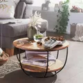 Produktbild: WOHNLING Couchtisch 60x34,5x60 cm Akazie Massivholz / Metall Sofatisch Design Wohnzimmertisch Rund Stubentisch Industrial Braun Tisch mit Ablage