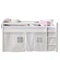 Produktbild: Homestyle4u Hochbett 90x200 mit Treppe weiß – Kinderbett mit Stauraum, Kiefer Massivholz, Jugendbett sicher mit Bettumrandung, Vorhang Sterne, Kinderzimmer Möbel