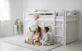 Produktbild: Homestyle4u Hochbett 90x200 cm Weiß mit Vorhang Sterne Grau für 1 Kind Holz Massiv Kiefer mit Rausfallschutz, ohne Lattenrost, Jungen Mädchen