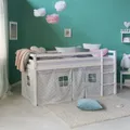 Produktbild: Hochbett 90x200 Kinderbett Holz Massiv Weiß Vorhang Grau Stockbett Homestyle4u