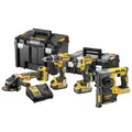Produktbild: DEWALT 18 Volt Kombo-Pack (1x Schlagbohrschrauber DCD796, 1x Schlagschrauber DCF887, 1x SDS-Plus Kombihammer DCH273, 1x Winklelschleifer DCG405, 3x 18 V 5 Ah Akkus, Ladegerät, 2x Boxen), DCK422P3T-QW
