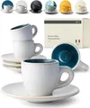 Produktbild: KIVY Espressotassen Set [4 x 75ml] - Handgefertigt aus dickwandigem Steingut Tasse - Espresso Tassen Set mit Untertasse - Espressotassen dickwandig italienisch - Espressotasse Blau Beige - Mokkatassen