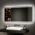 Produktbild: EMKE LED Badspiegel mit Beleuchtung 120x60cm LED Badezimmerspiegel Warmweißes Licht und Kaltesweißes Licht Badspiegel mit beschlagfrei+Taste