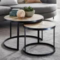 Produktbild: WOHNLING Couchtisch 2er Set Mango Massivholz Satztisch Rund Wohnzimmertisch mit Metallbeine Braun Tischset 2-teilig Satztisch Holz / Metall Schwarz