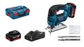 Produktbild: Bosch Professional 18V System Akku Stichsäge GST 18V-LI S (Schnitttiefe in Holz/Alu/Metall: 120/20/8 mm, inkl. 2x 4.0Ah Akku + Ladegerät, 3x Sägeblätter für Holz, Abdeckhaube, Einlage, L-BOXX)