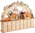 Produktbild: BRUBAKER Adventskalender zum Befüllen - Weihnachtsdorf 2025 - 40 cm Weihnachtskalender aus Holz mit LED Beleuchtung - Dorf mit Kindern - Beleuchtet