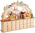 Produktbild: BRUBAKER Adventskalender zum Befüllen - Weihnachtsdorf 2025 - Weihnachtskalender aus Holz mit LED Beleuchtung - Dorf mit Kindern, Bäckerei, Hund und Wald - 40 cm Kalender mit Bogen - Beleuchtet