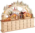 Produktbild: BRUBAKER befüllbarer Adventskalender Weihnachtsdorf - 40 cm Holz Weihnachtskalender + LED Beleuchtung (Adventskalender zum Befüllen mit Bogen - Beleuchtet, 1-tlg), Dorf mit Kindern, Bäckerei, Hund und Wald