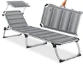 Produktbild: KESSER® Sonnenliege Sun mit Dach Gartenliege Liegestuhl klappbar Sonnendach Verstellbarer Rückenlehne, ergonomisch, gepolsterter Liegefläche, Aluminium Liege Gartenstuhl tragbar Strandliege, Grau