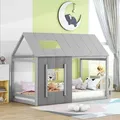 Produktbild: Flieks Kinderbett Hausbett 90x200cm mit Rausfallschutz, Bodenbett Holzbett Einzelbett Kinder, Spielbett mit Lattenrost, Grau - Grau