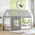 Produktbild: Flieks Kinderbett Hausbett 90x200cm mit Rausfallschutz, Bodenbett Holzbett Einzelbett Kinder, Spielbett mit Lattenrost, Grau