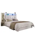 Produktbild: SOFTWEARY Polsterbett mit LED-Beleuchtung und Stauraum (90x200 cm, Kopfteil gepolstert, Regal, Typ-C, USB), Einzelbett, Leinen beige