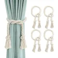 Produktbild: GlasFlength Vorhang Raffhalter, Boho Raffhalter für Vorhänge Handgestrickte Gardinenband Baumwolle Seil Curtain Rope Buckle Gardinenhalter für Schlafzimmer Office Wohnzimmer (4, Woven Beige)