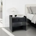 Produktbild: Nachttisch TURU aus massivem Mangoholz, Schwarz - Beistelltisch mit Schublade, Nachtschrank mit Holzgriff, Nachtkästchen im modernen Design, Kleine Kommode aus Naturholz, Robuster Beistelltisch Holz.