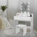 Produktbild: ML-Design Schminktisch mit LED-Beleuchtung, Frisiertisch mit Hocker, Spiegel, 2 Schubladen, 80x40x140 cm, Weiß, Make-up Tisch mit 3 offenen Fächern
