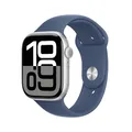 Produktbild: Apple Watch Series 10 (GPS 46 mm) Smartwatch mit Aluminiumgehäuse in Silber und Sportarmband in Denim (M/L). Fitnesstracker, EKG App, Always-On Retina Display, Wasserschutz