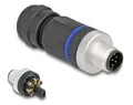Produktbild: Delock M12 Steckverbinder A-kodiert 8 Pin Stecker, Schraubanschluss, IP67, schwarz, 56 x 20 mm