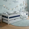 Produktbild: MEBLE WRÓBEL Kinderbett 90x180 cm mit 2 Schublade, Rausfallschutz und Lattenrost - Kinder Bett Montessori - Jugendbet aus Kiefer Massivholz in Weiß - Einzelbett ohne Matratze